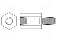 Screwed spacer sleeve; 10mm; Int.thread: M3; Ext.thread: M3; brass DREMEC