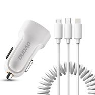 Dudao car kit charger 2x USB 2.4A + cable USB 3in1 Lightning / Type C / micro USB cable white (R7 white), Dudao