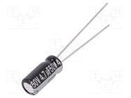 Capacitor: electrolytic; THT; 4.7uF; 50VDC; Ø5x11mm; Pitch: 2mm PANASONIC