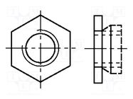 Nut; hexagonal; M3; A1 stainless steel; 6.4mm; BN 642; push-on BOSSARD