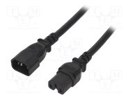 Cable; 3x14AWG; IEC C14 male,IEC C15 female; PVC; 3m; black; 15A 