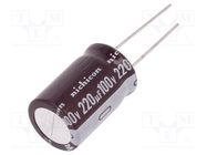 Capacitor: electrolytic; low ESR; THT; 220uF; 100VDC; Ø16x25mm NICHICON