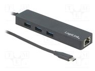 Hub USB; RJ45 socket,USB A socket x3,USB C plug; USB 3.0; PnP LOGILINK