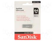 Pendrive; USB 3.2; 64GB; R: 150MB/s; ULTRA LUXE; silver; USB A SANDISK