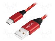 Cable; USB 2.0; USB A plug,USB C plug; 0.3m; red; PVC; textile LOGILINK