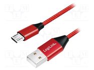 Cable; USB 2.0; USB A plug,USB B micro plug; 0.3m; red; PVC LOGILINK