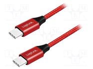 Cable; USB 2.0; USB C plug,both sides; 1m; red; PVC; textile LOGILINK