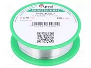 Tin; lead free; Sn99,3Cu0,7; 0.7mm; 100g; reel; 227°C; 3%; Flux: SW32 CYNEL