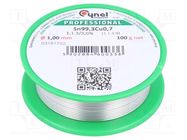 Soldering wire; tin; Sn99,3Cu0,7; 1mm; 100g; lead free; reel; 227°C CYNEL