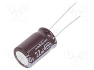 Capacitor: electrolytic; THT; 22uF; 400VDC; Ø12.5x20mm; Pitch: 5mm NICHICON