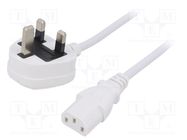 Cable; 3x0.75mm2; BS 1363 (G) plug,IEC C13 female; PVC; 2m; white 