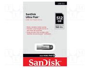 Pendrive; USB 3.0; 512GB; R: 150MB/s; ULTRA FLAIR; black; USB A SANDISK
