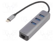 Hub USB; RJ45 socket,USB A socket x3,USB C plug; USB 3.1; black 