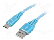 Cable; USB 2.0; USB A plug,USB C plug; gold-plated; 1m; turquoise 