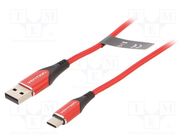 Cable; USB 2.0; USB A plug,USB C plug; nickel plated; 1m; red VENTION