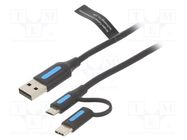 Cable; USB 2.0; USB A plug,USB B micro plug,USB C plug; 2m; 3A VENTION