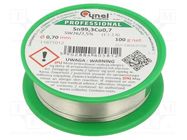 Soldering wire; tin; Sn99,3Cu0,7; 0.7mm; 100g; lead free; reel CYNEL
