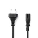 Power Cable | Euro Male | IEC-320-C7 | Straight | Straight | Nickel Plated | 3.00 m | Flat | PVC | Black | Label