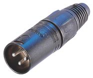 3 pole male cable connector with black metal housing and gold contacts
