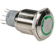 Vandal resistant push button; OFF-(ON) nonfixed, 4pins; 0.5A/250VAC, DPST 1NO 1NC green illumination