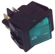 Rocker switch; ON-OFF, fixed, 4pins. 16A/250Vac, 22x30mm, SPST, green NEON illumination