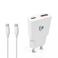 Wall Charger | 20 W | GaN | PD3.0 | Quick charge feature | 1.5 / 2.0 / 2.22 / 3.0 A | Number of outputs: 2 | USB-A / USB-C™ | USB-C™ (Loose) Cable | 1.50 m | Automatic Voltage Selection | White