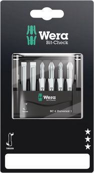Bit-Check 6 Universal 1 SB, 1 x PH 1x50; 1 x PH 2x50; 1 x PZ 1x50; 1 x PZ 2x50; 1 x 1.0x5.5x50; 1 x 1.2x6.5x50, Wera