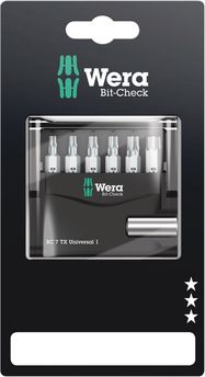 Bit-Check 7 TX Universal 1 SB, 1 x 1/4"x50; 1 x TX 10x25; 1 x TX 15x25; 1 x TX 20x25; 1 x TX 25x25; 1 x TX 30x25; 1 x TX 40x25, Wera