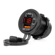 Waterproof Phone Charger with Switch RED LED Indicator Digital Voltometer USB + USB C QC3.0 12/24V AMIO-04222, AMiO