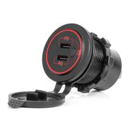 Waterproof Phone Charger with Switch RED LED Backlight 2xUSB C 12/24V AMIO-04224, AMiO