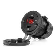 Waterproof Phone Charger with Switch RED LED Indicator Digital Voltometer 2xUSB C 12/24V AMIO-04226, AMiO