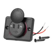 Square Shaped Waterproof Phone Charger with RED LED Backlight 2xUSB C 12/24V AMIO-04232, AMiO