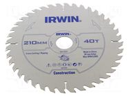 Circular saw; Ø: 210mm; Øhole: 30mm; Teeth: 40; wood IRWIN