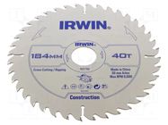 Circular saw; Ø: 184mm; Teeth: 40; wood; Holder: assembly hole; 30mm IRWIN