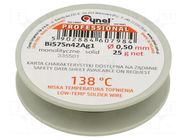 Tin; lead free; Bi57Sn42Ag1; 0.5mm; 25g; reel; Flux: flux free CYNEL