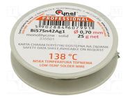 Solid,soldering wire; tin; Bi57Sn42Ag1; 0.7mm; 25g; lead free CYNEL