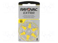 Battery: zinc air (ZnO2); AC10,coin,R536; 1.4V; 105mAh; 6pcs. RAYOVAC