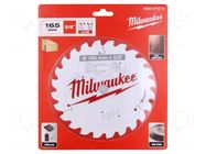 Circular saw; Ø: 165mm; Øhole: 15.87mm; W: 1.6mm; Teeth: 24; wood Milwaukee