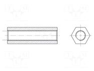 Screwed spacer sleeve; 6.35mm; Int.thread: M3; hexagonal; brass HARWIN