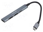 Hub USB; USB A socket x3,USB C socket,USB C plug; PnP; grey LOGILINK