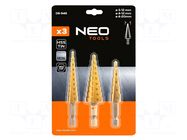 Drill set; step,conical,multistep; high speed steel; 3pcs. NEO TOOLS