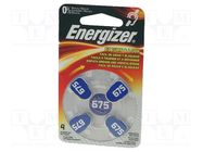 Battery: zinc air (ZnO2); AC675,coin,R1154; 1.4V; 635mAh; 4pcs. ENERGIZER