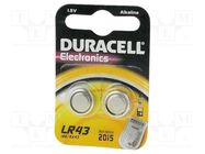 Battery: alkaline; LR43,coin,R1142; 1.5V; 73mAh; non-rechargeable DURACELL