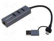 Hub USB; RJ45 socket,USB A socket x3,USB A plug,USB C plug LOGILINK