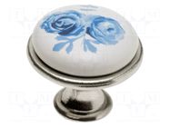 Knob; Ø: 26.5mm; H: 23mm; porcelain,zamak; blue rose; furniture GTV Poland