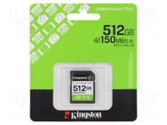 Memory card; microSD; R: 150MB/s; Class 10 UHS-I U3 V30; 512GB KINGSTON TECHNOLOGY