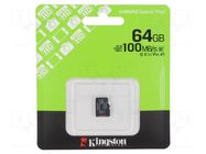 Memory card; microSDXC; R: 100MB/s; Class 10 UHS U1; 64GB KINGSTON TECHNOLOGY