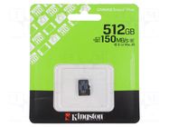 Memory card; microSDXC; R: 150MB/s; Class 10 UHS I U3; 512GB KINGSTON TECHNOLOGY