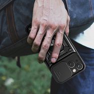 Hybrid Armor Camshield Case with Stand and Camera Cover for iPhone 15 Plus - Black, Hurtel