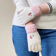 Women's winter telephone gloves with a snowman and a Christmas tree - white and pink, Hurtel